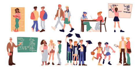 University student. College education. People study. Classmates walk in park. Campus exterior. Academy building. Summer bachelor graduation. Friends talk. Read in library. Vector school persons set