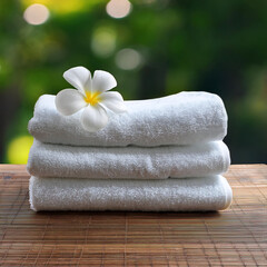  Stack of white towels with a frangipani flower on a wooden table, symbolizing spa relaxatio_1(824)