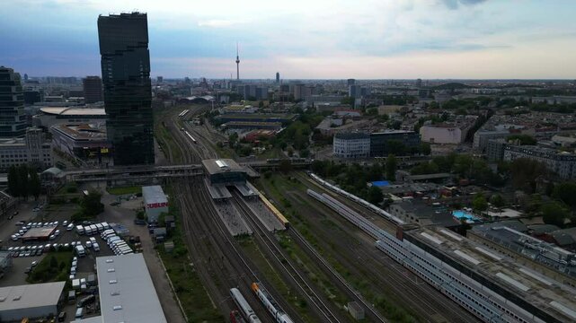 berlin Warschauer str train station railway. Best aerial view flight drone