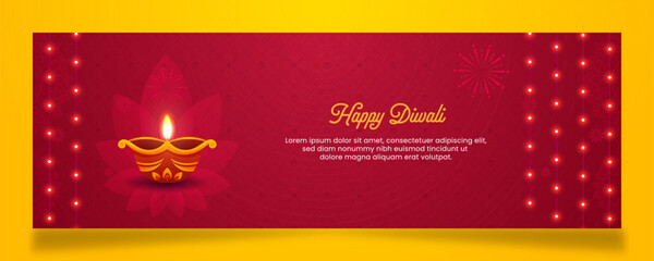 Diwali Horizontal Banner with lightened well decorated lights with light on red background with mandala. Design for Banner or Header with copy space