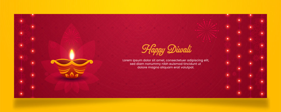 Diwali Horizontal Banner with lightened well decorated lights with light on red background with mandala. Design for Banner or Header with copy space