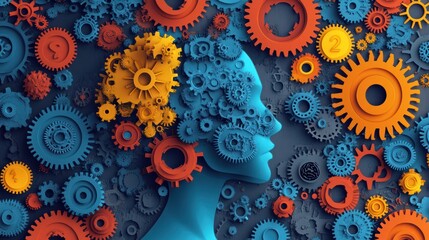Visualize the concept of innovation with a striking stock photo showcasing gear wheels in vector flat illustration style, complemented by a creative mind pictogram.