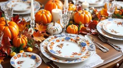 Naklejka premium A festive Thanksgiving table setting decorated with pumpkins, autumn leaves, and elegant dinnerware. The vibrant colors and detailed arrangement create a warm and celebratory atmosphere, perfect for a