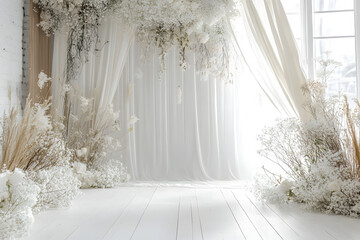 "Clean Wedding Backdrop: Aesthetic Flower Decoration on White Minimalist Studio Background"