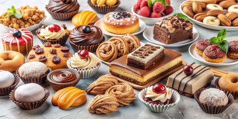 Assortment of freshly baked desserts and treats on a light background, desserts, bakery, assortment, treats, delicious