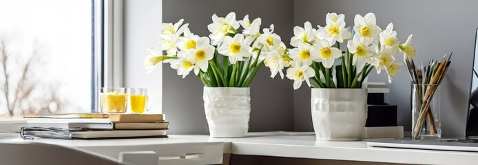 white desk with laptop and vase flowers