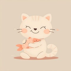 A simple cute cartoon illustration of a smiling cat holding a tiny fish, with soft pastel colors and rounded lines, set against a light background. 8k UHD, suitable for high-quality printing 
