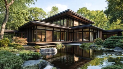 Modern Japanese home exterior with clean lines, natural materials, and a harmonious integration with the surrounding landscape.