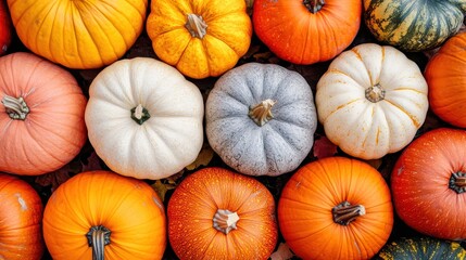 Variety of colorful pumpkins forming an autumn background