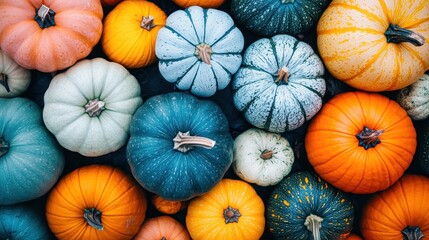 Variety of colorful pumpkins forming an autumn background