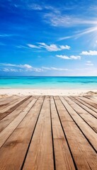 Fototapeta premium wooden floor on the beach with blue sky and white clouds