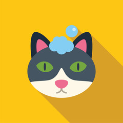 Black and white cat with soap on its head taking a bath, pet grooming icon
