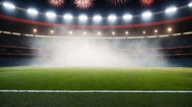 Empty Soccer Stadium with Fireworks and Fog at Night