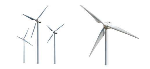 Three wind turbines are shown in a row, with one of them being the tallest