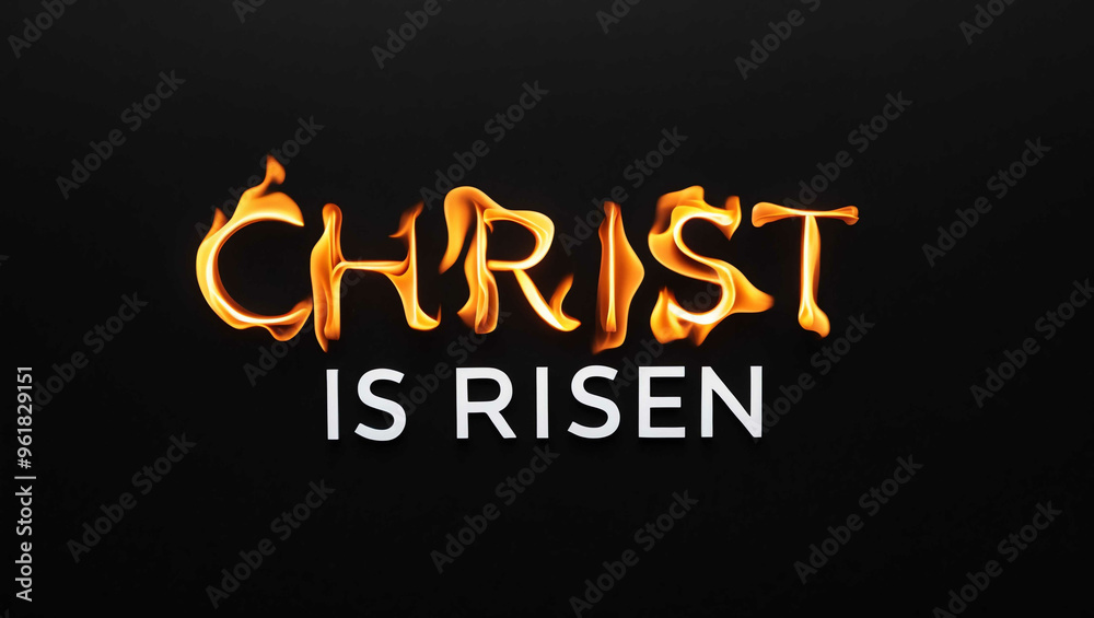 Wall mural christ is risen word made of fire flame on black background