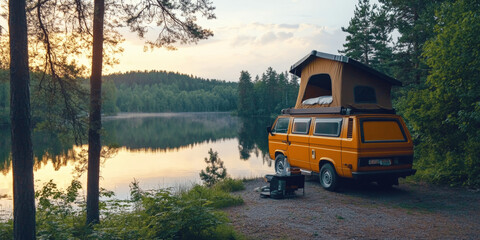 Camper Van with Rooftop Bed Parked by a Lakeside wallpaper 4k HD 