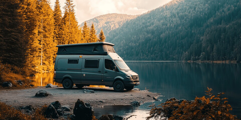 Camper Van with Rooftop Bed Parked by a Lakeside wallpaper 4k HD 