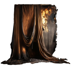 Burnt Curtain PNG - Fire Damaged Curtain with Soot-Stained Wall - Smoke Damage Background - High Resolution Transparent Image for Graphic Design and Digital Art Projects