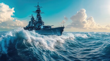 Fototapeta premium Panoramic view of a naval battleship at sea, with its imposing structure cutting through the waves on a clear, sunny day.