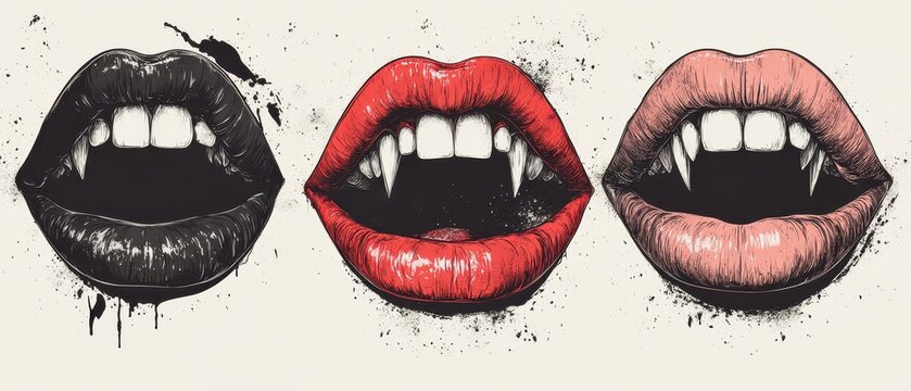 Three pairs of vampire lips showing fangs with different lipstick colors