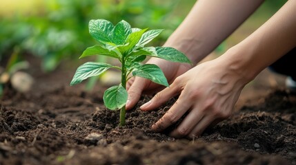Person planting a young tree sapling in a garden, with a focus on the hands working in the soil and the fresh, green plant.