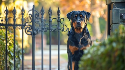 Obraz premium A Rottweiler stands guard by an ornate gate in a tranquil outdoor setting.