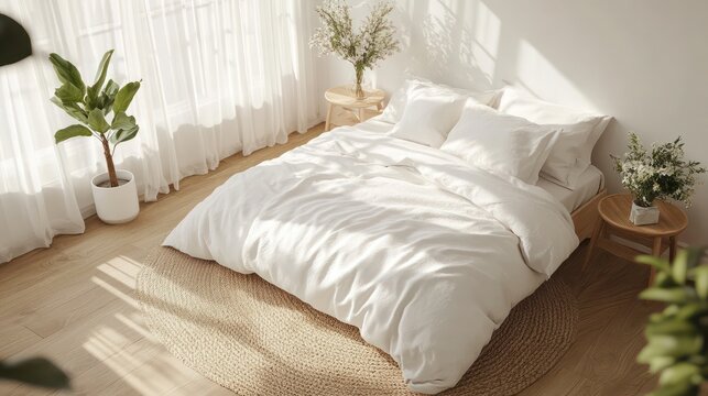 A white bed with a white comforter and pillows. The bed is in a room with a window and a plant. Generative AI