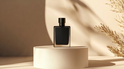 mockup of a plain black perfume bottle neatly placed on a podium on a neutral background