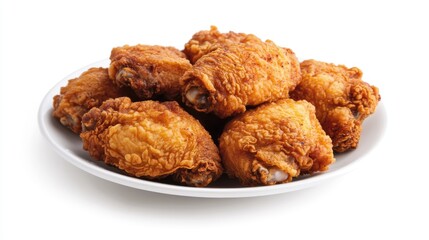 Plate of fried chicken thighs with a crispy exterior and juicy interior, against a pure white background for a classic food shot.