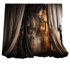 Burnt Curtain PNG - Fire Damaged Curtain with Soot-Stained Wall - Smoke Damage Background - High Resolution Transparent Image for Graphic Design and Digital Art Projects