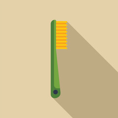 Minimalist vector illustration of a green toothbrush with yellow bristles casting a long shadow on a brown background