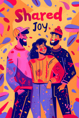 Obraz premium Three joyful friends standing together with shared joy text