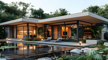 Obraz premium Modern House with Pool and Lush Greenery - 3D Illustration