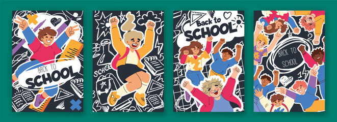 School background. Book children cover, happy student jump. Design banner, funny kids, people isolated, education poster. Concept teaching template. Flyer or card design. Vector training cartoon