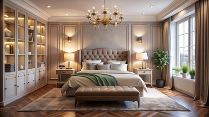 Cozy bedroom interior with elegant decor and soft lighting, bedroom, interior, cozy, elegant, decor, soft lighting, bed, pillows