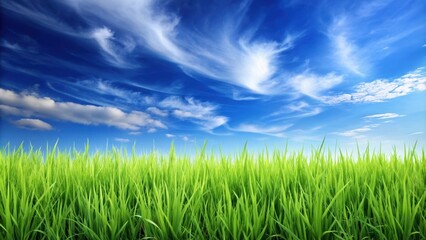 Obraz premium Green grass texture with blank copyspace against blue sky, grass, texture, green, blank, copyspace, blue sky, nature