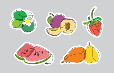 Vector sticker set with simplified fruits and leaves in one line