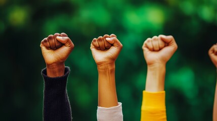 Multi ethnic fists raised up in sign of protest and social unrest 