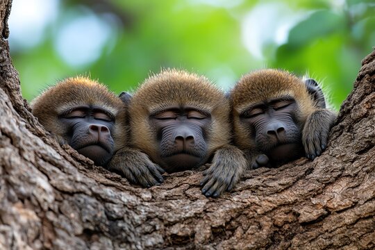 African animals, baboons sleeping, high in trees for safety, huddled together to keep warm during the cool night