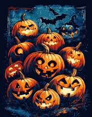 Scary halloween pumpkins glowing on dark background