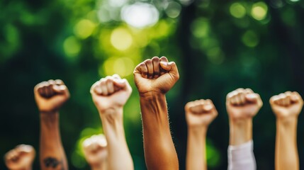 Multi ethnic fists raised up in sign of protest and social unrest 