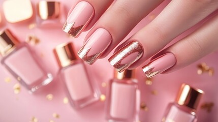  Elegant Rose Gold and Pink Manicure with Luxury Nail Polish Bottles. nails finger.