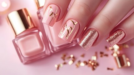 Elegant Rose Gold and Pink Manicure with Luxury Nail Polish Bottles. nails finger.