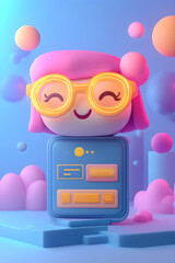 Animated mobile app interface for online payments, featuring a 3D cartoon design with glowing transaction confirmation.