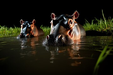 Fototapeta premium African animals, hippos at night, emerging from water to graze on land, their heavy footsteps almost silent in the grass