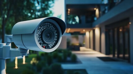  Close-up view of a modern home security camera monitoring vigilantly
