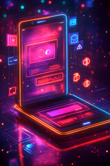 Obraz premium Cartoon 3D mobile app interface with a glowing transaction confirmation and animated currency symbols.