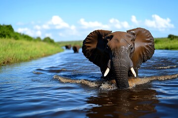 Fototapeta premium African animals, night-time river crossings, dangerous journeys as herds brave the waters, wary of crocodiles lurking below