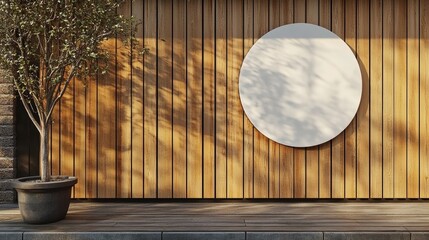 A wooden wall hosts a circular mockup signboard, awaiting a storefront's branding in a street setting 