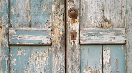 55. Worn, faded wooden door with peeling paint